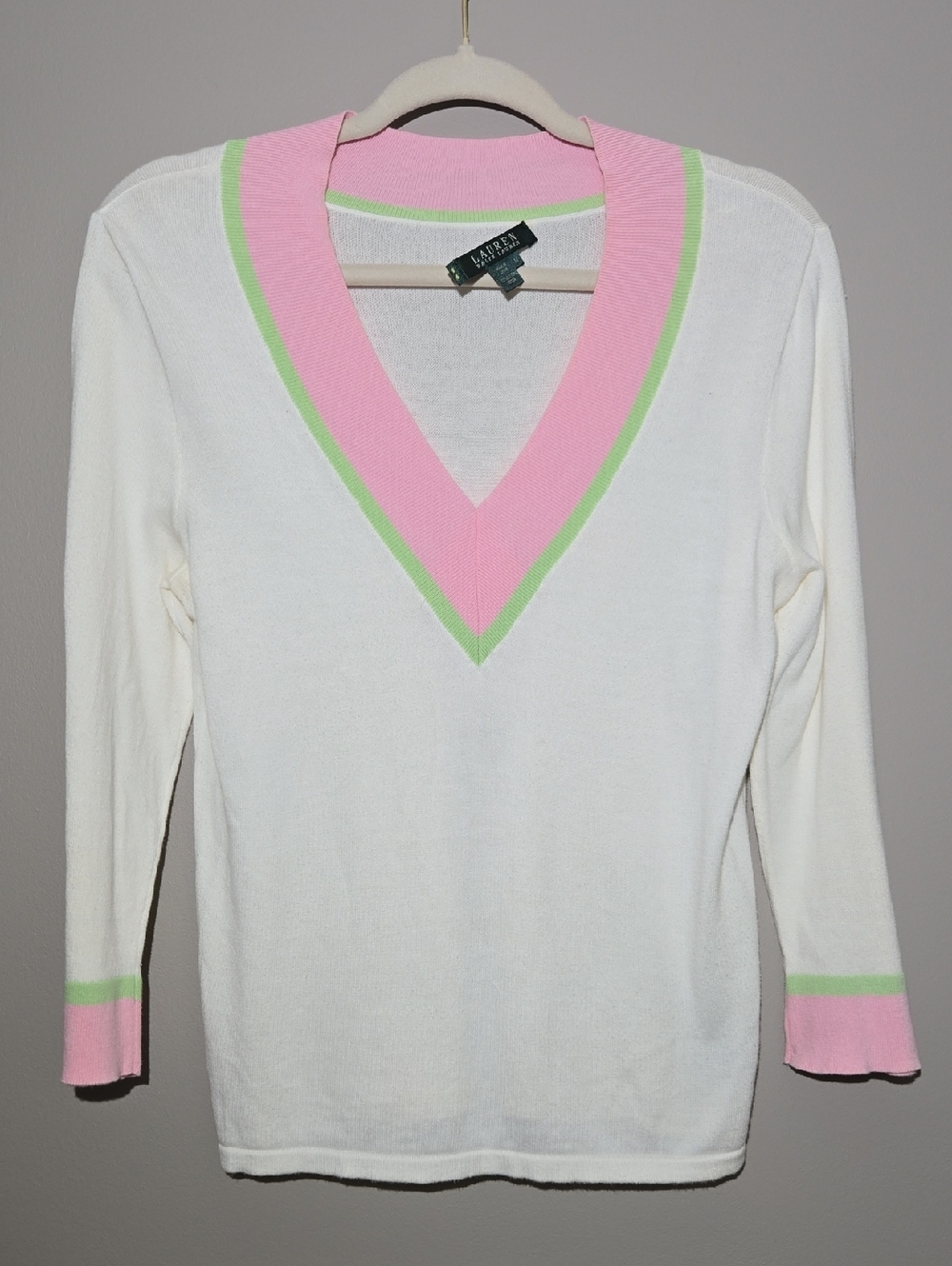 Lauren Ralph Lauren Cream V-Neck Sweater with Pink & Light Green Trim